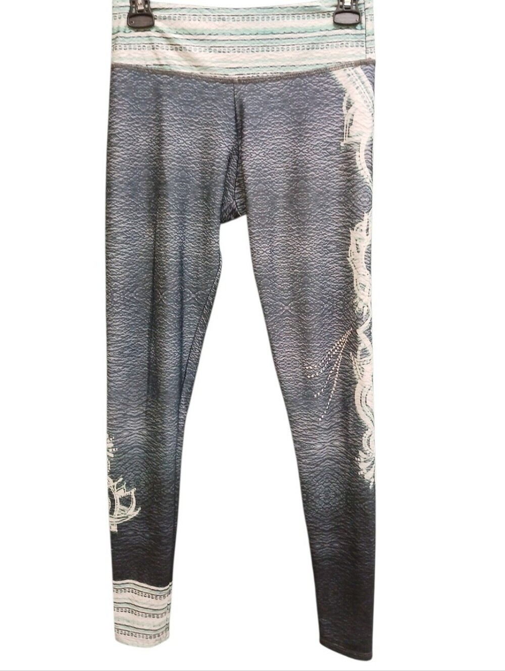 Onzie Gray Patterned High-Rise Leggings with Ivory Trim Size Small/Medium